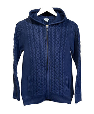 L.L.Bean Cable Knit Cardigan Sweater Women’s M Blue Hooded Full Zip Fisherman